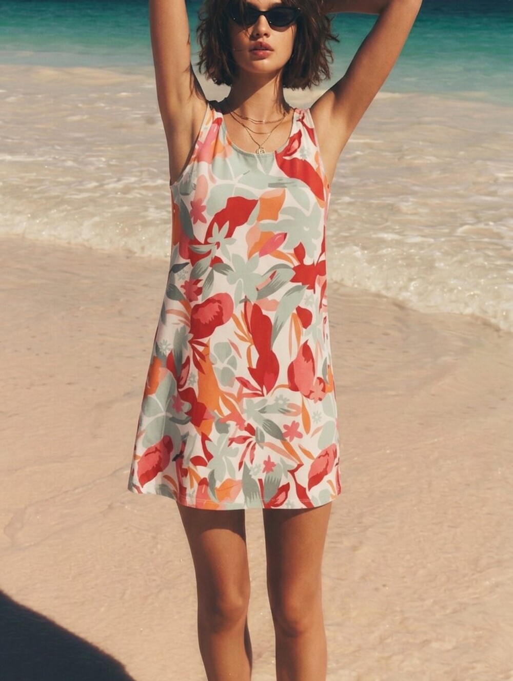Sleeveless Floral Midi Dress in Coral, Mint & Orange Small